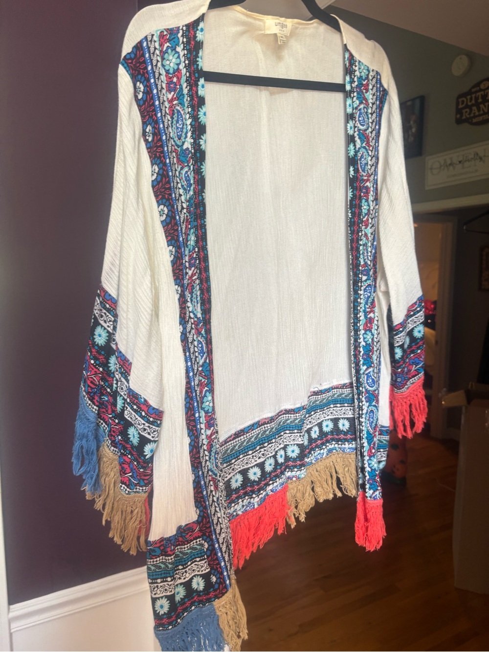 Boho Fringe Open-Front kimono in white with Multicolor Trim